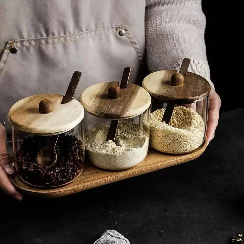 Conjunto de Potes de Vidro Tampa de Madeira