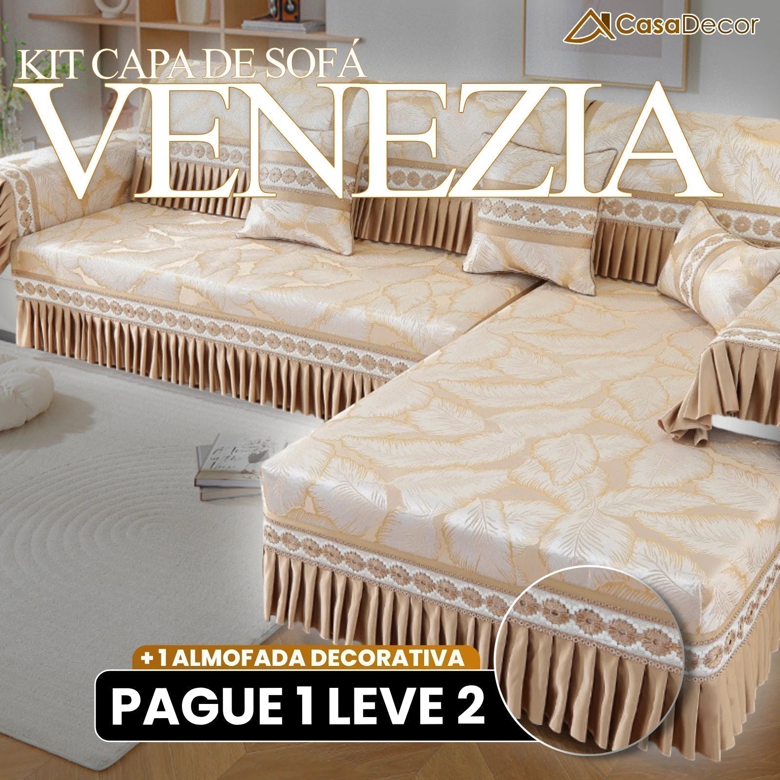 [Pague 1, Leve 2] Capa de Sofá Venezia (Toque de Charme Italiano pra Sua Sala!) + BRINDE: 2 Almofadas
